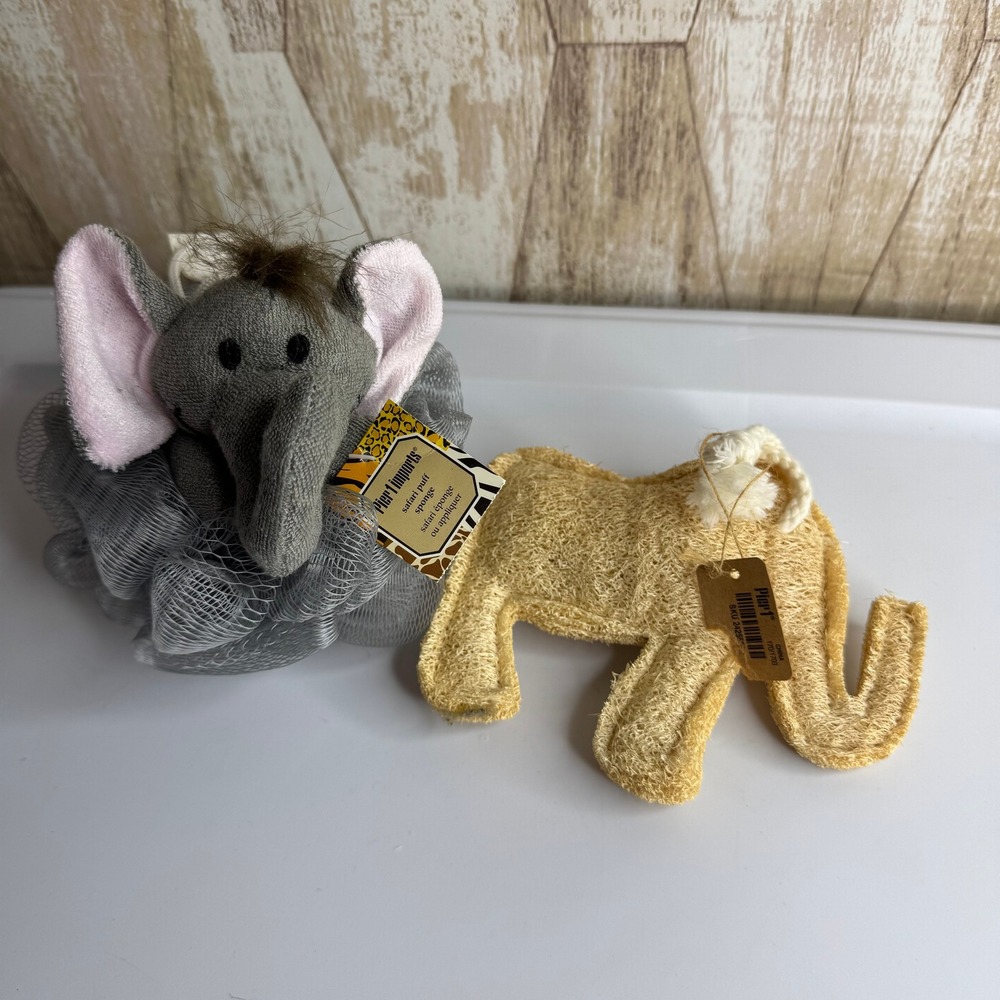 Pier 1 Imports Elephant Safari Puff Sponge Loofah Bath Shower Exfoliator Set